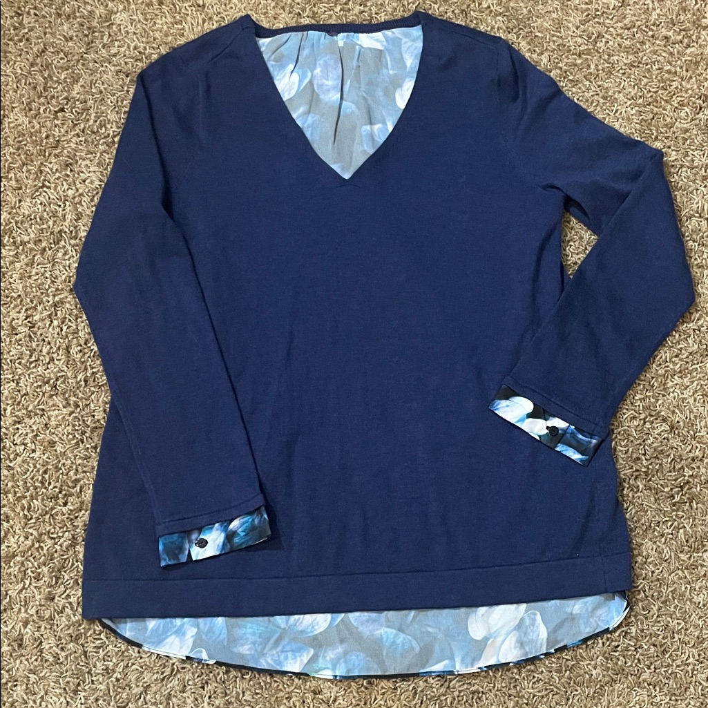 Anthropologie Navy V-Neck Cashmere Sweater With Floral Trim